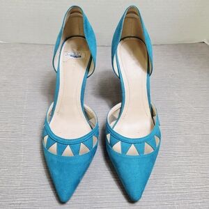 Marc Fisher Suede Leather Teal Turquoise Heels Pointed Toe Mesh Cutout Size 9M